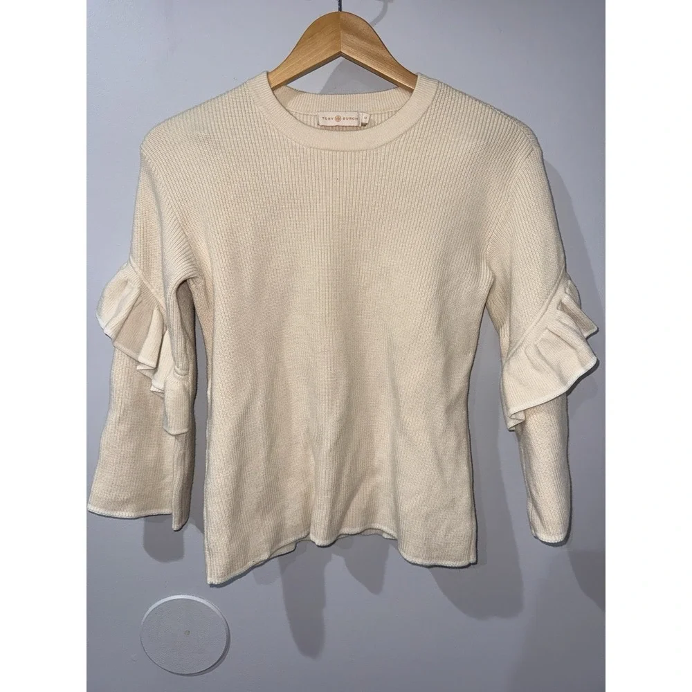 Tory Burch Ashley Ruffled Bell Sleeves Pullover Knit‎ Sweater Wool Ivory Small D